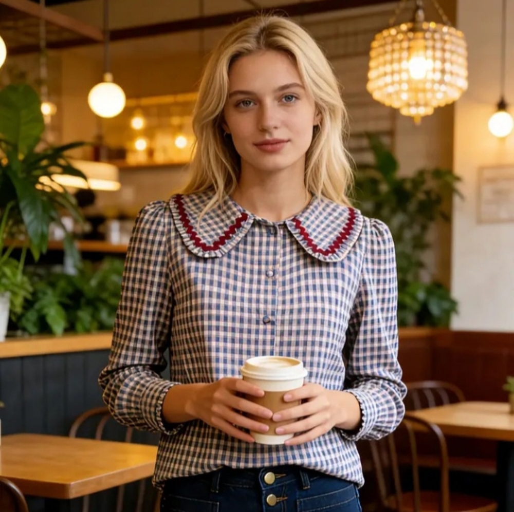Checked Button-Up Top with Scalloped Peter Pan Collar - Blue/Red Size L